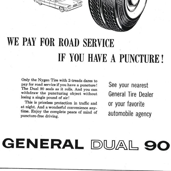 1958 Vintage Print Ad For General Dual 90 Nygen Tire With 2 Treads - Picture 2 of 2